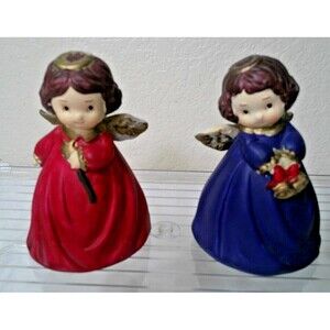 2 Vintage Angel Christmas Bells Red and Blue Angels 3.5"